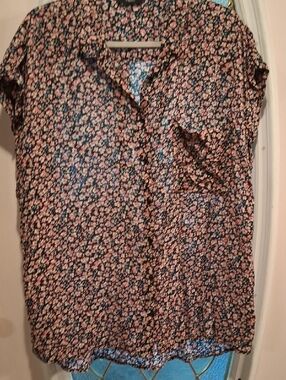 next Black Short-Sleeve Floral Button-Front Blouse with Pink Print